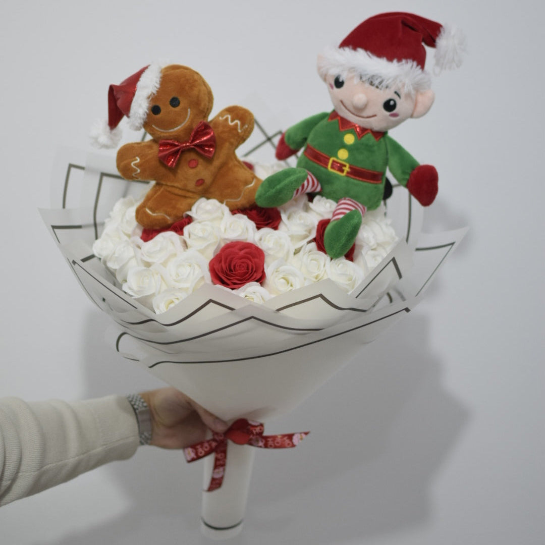 Pack Cadou Crăciun: Buchet cu Spiriduș & Turtă Dulce + Moș Crăciun 35 cm