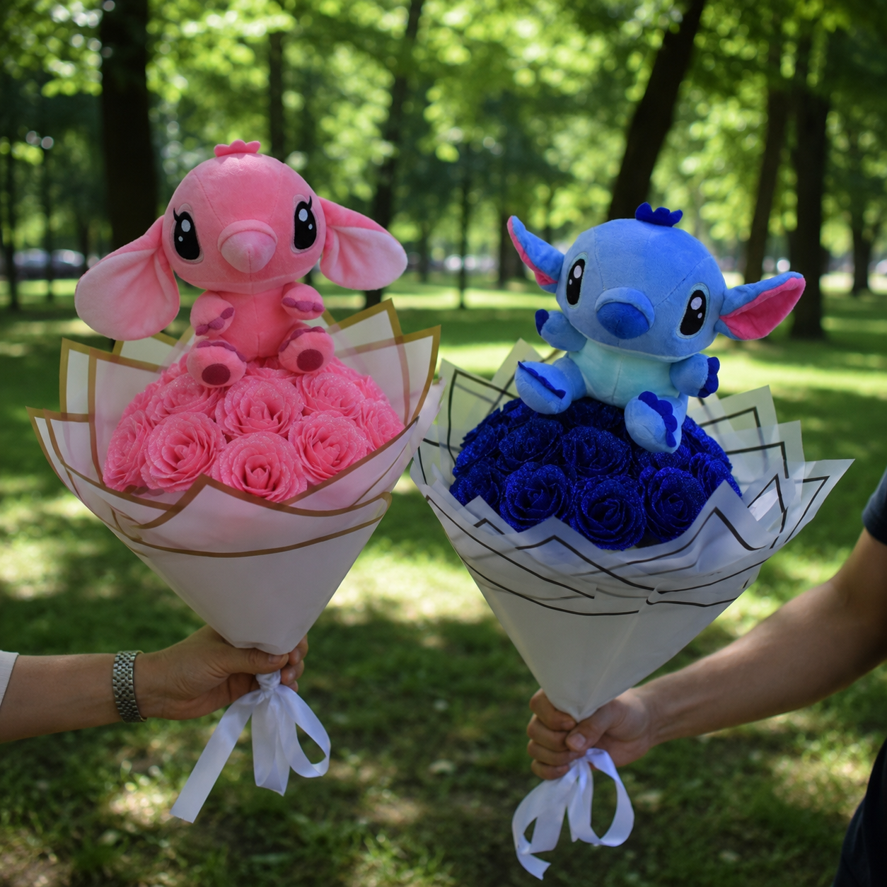 Buchet Trandafiri Premium Sclipici cu Stitch și Angel