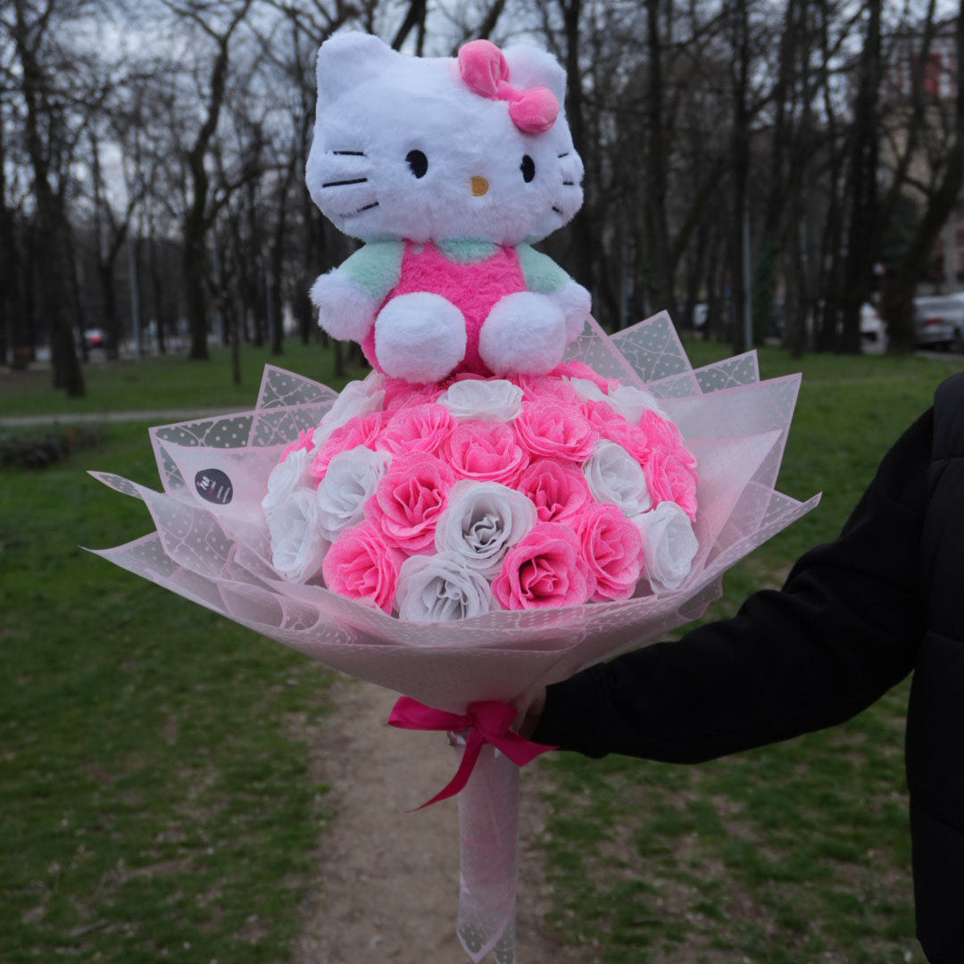 Buchet Hello Kitty Cu Trandafiri Roz și Alb cu Sclipici
