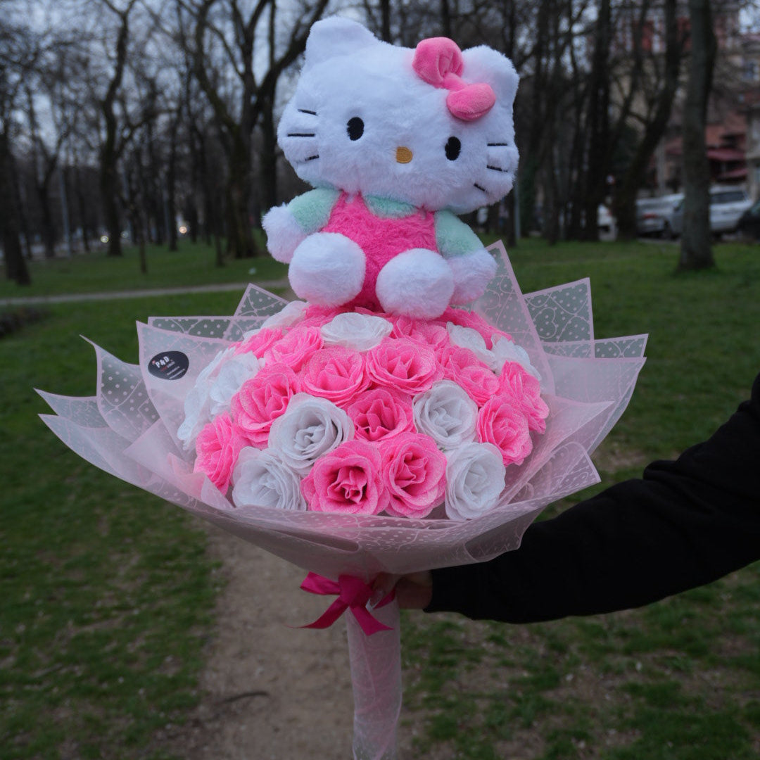 Buchet Hello Kitty Cu Trandafiri Roz și Alb cu Sclipici