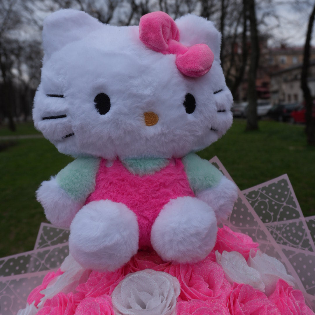 Buchet Hello Kitty Cu Trandafiri Roz și Alb cu Sclipici