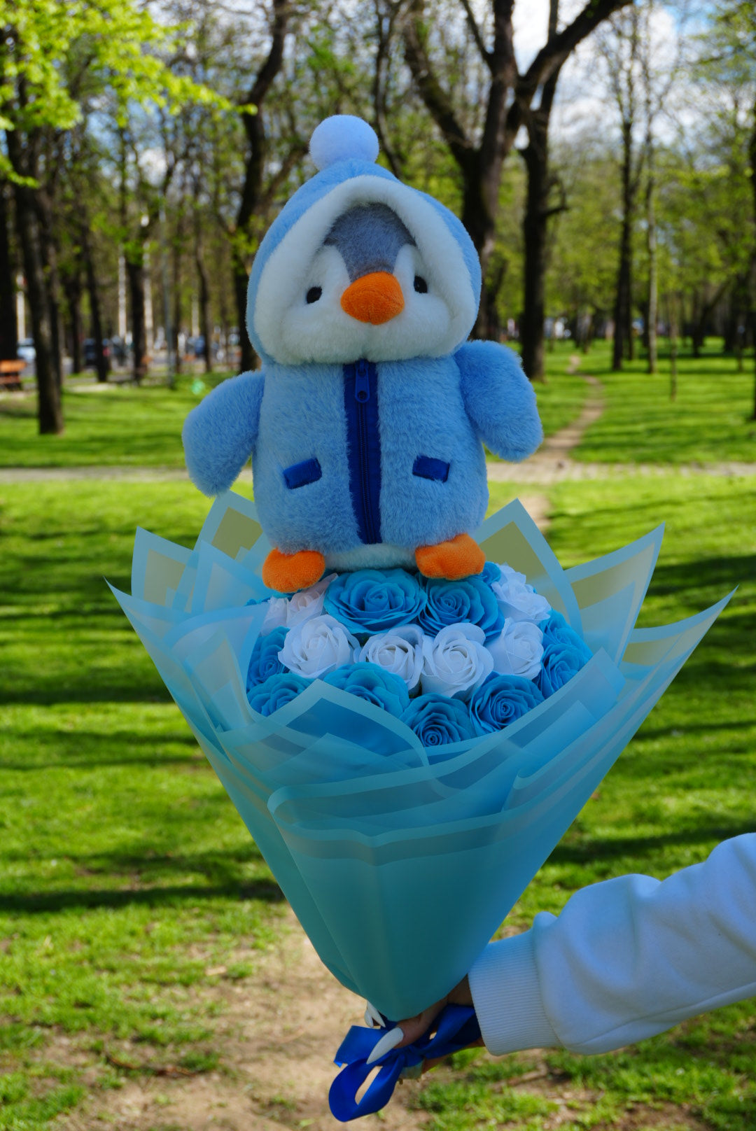 Buchet Pinguin Premium – 31 Trandafiri Alb & Baby Blue