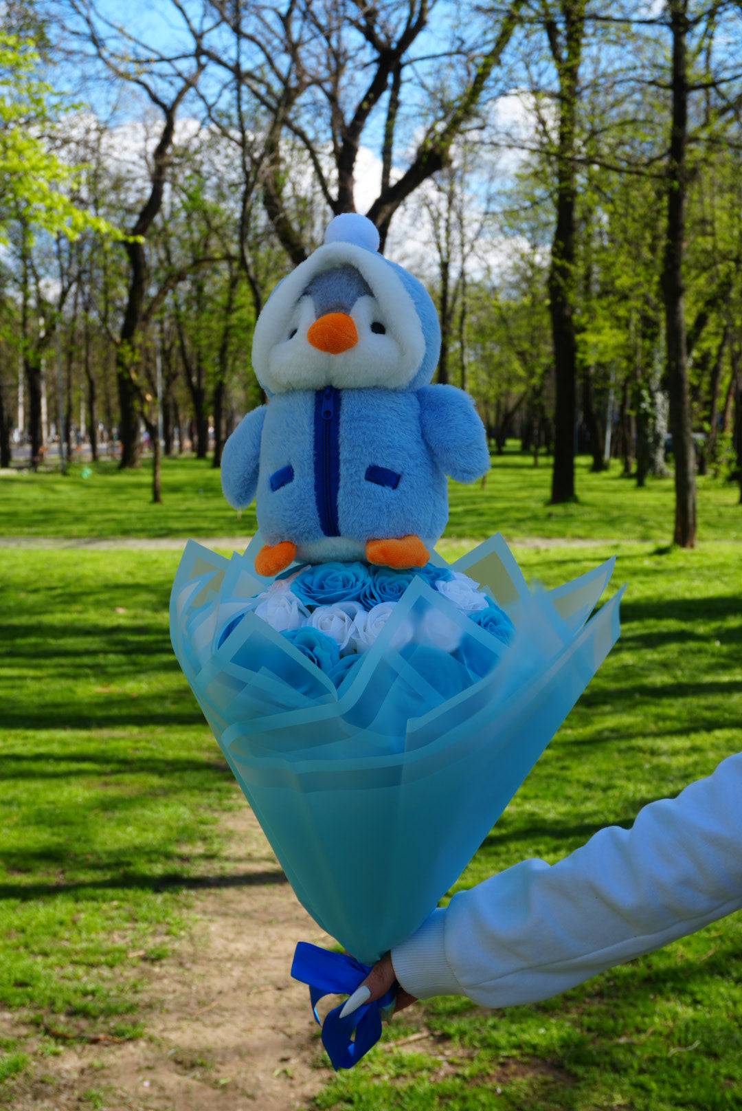 Buchet Pinguin Premium – 31 Trandafiri Alb & Baby Blue