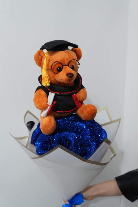 🎓 Buchet Trandafiri Premium cu Sclipici și Ursuleț Absolvire