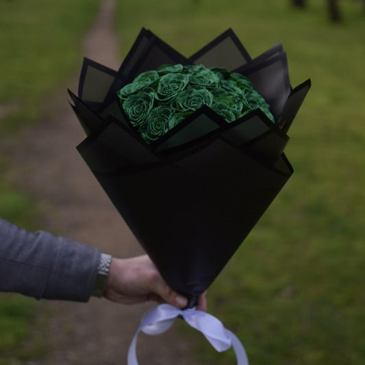 Buchet 21 Trandafiri Verzi Royal Premium cu Sclipici