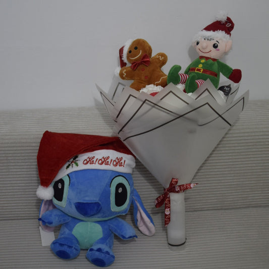 Pack Cadou Crăciun: Buchet cu Spiriduș & Turtă Dulce + Stitch 45 cm