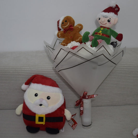 Pack Cadou Crăciun: Buchet cu Spiriduș & Turtă Dulce + Moș Crăciun 35 cm